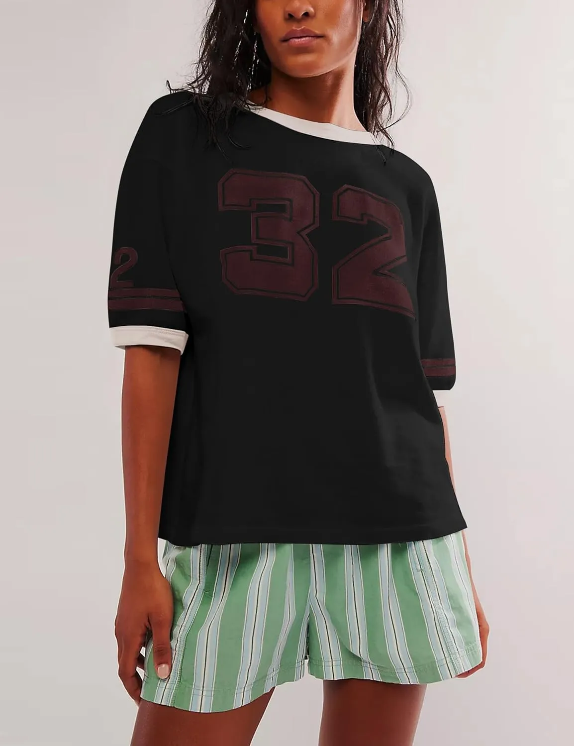 Women Oversized Graphic Print Short Sleeve T-Shirts Crewneck Color Block Shirts Casual Loose Fit 2024 Summer Tee Tops