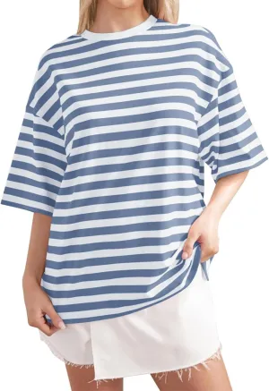 Women Oversized Striped Color Block Short Sleeve Crew Neck T Shirts Casual Loose Short Sleeved Shirts for Women