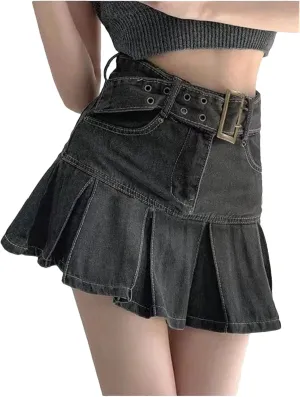 Women Pleated Denim Mini Skirt Casual High Waist Mini A-Line Short Skirt