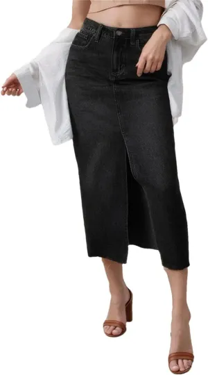 Women Solid Slim Fit Long Slit High Waist A Line Denim Skirts