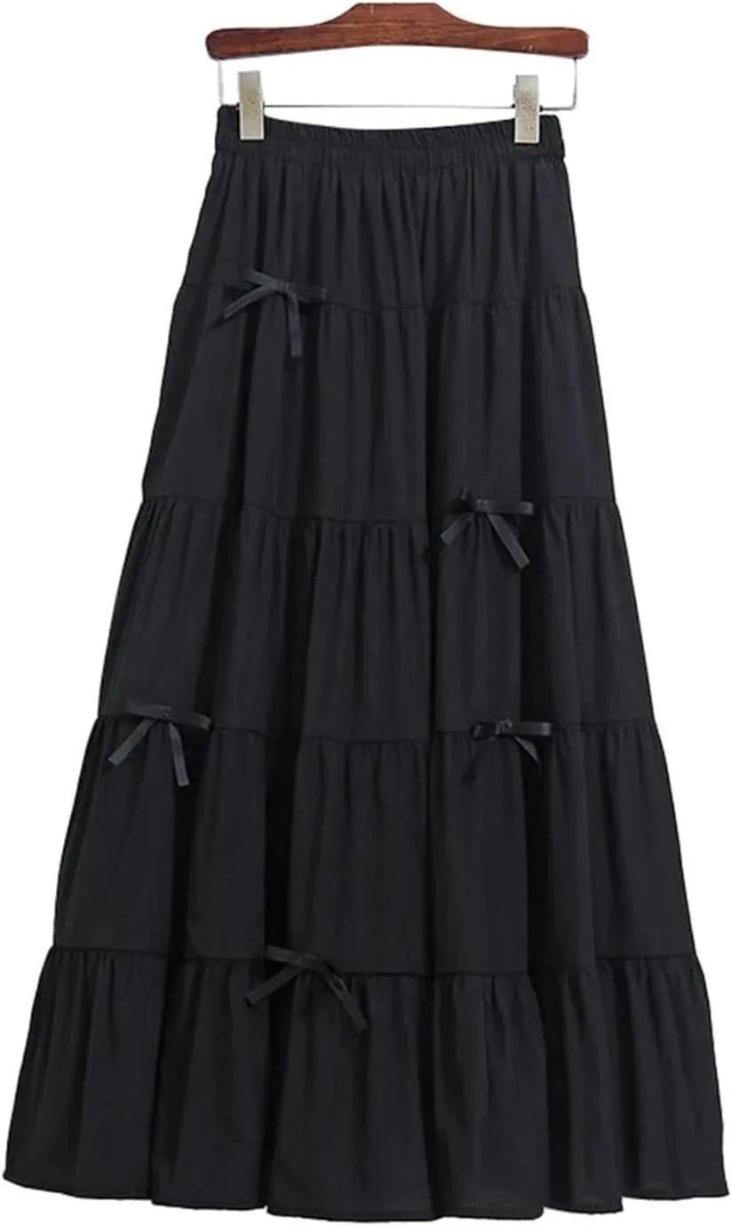 Women Solid Tiered Elastic Waist Bow Loose Casual A-Line Skirts