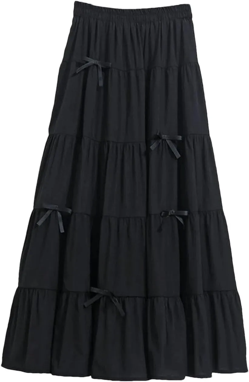 Women Solid Tiered Elastic Waist Bow Loose Casual A-Line Skirts
