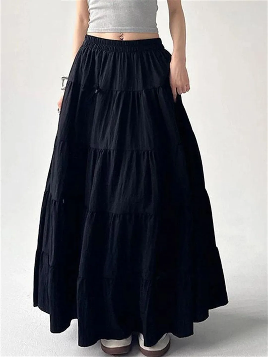 Women Solid Tiered Elastic Waist Bow Loose Casual A-Line Skirts