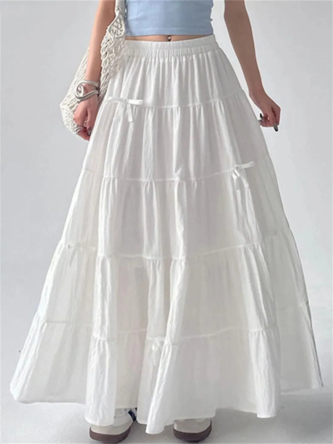 Women Solid Tiered Elastic Waist Bow Loose Casual A-Line Skirts