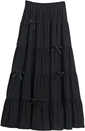 Women Solid Tiered Elastic Waist Bow Loose Casual A-Line Skirts