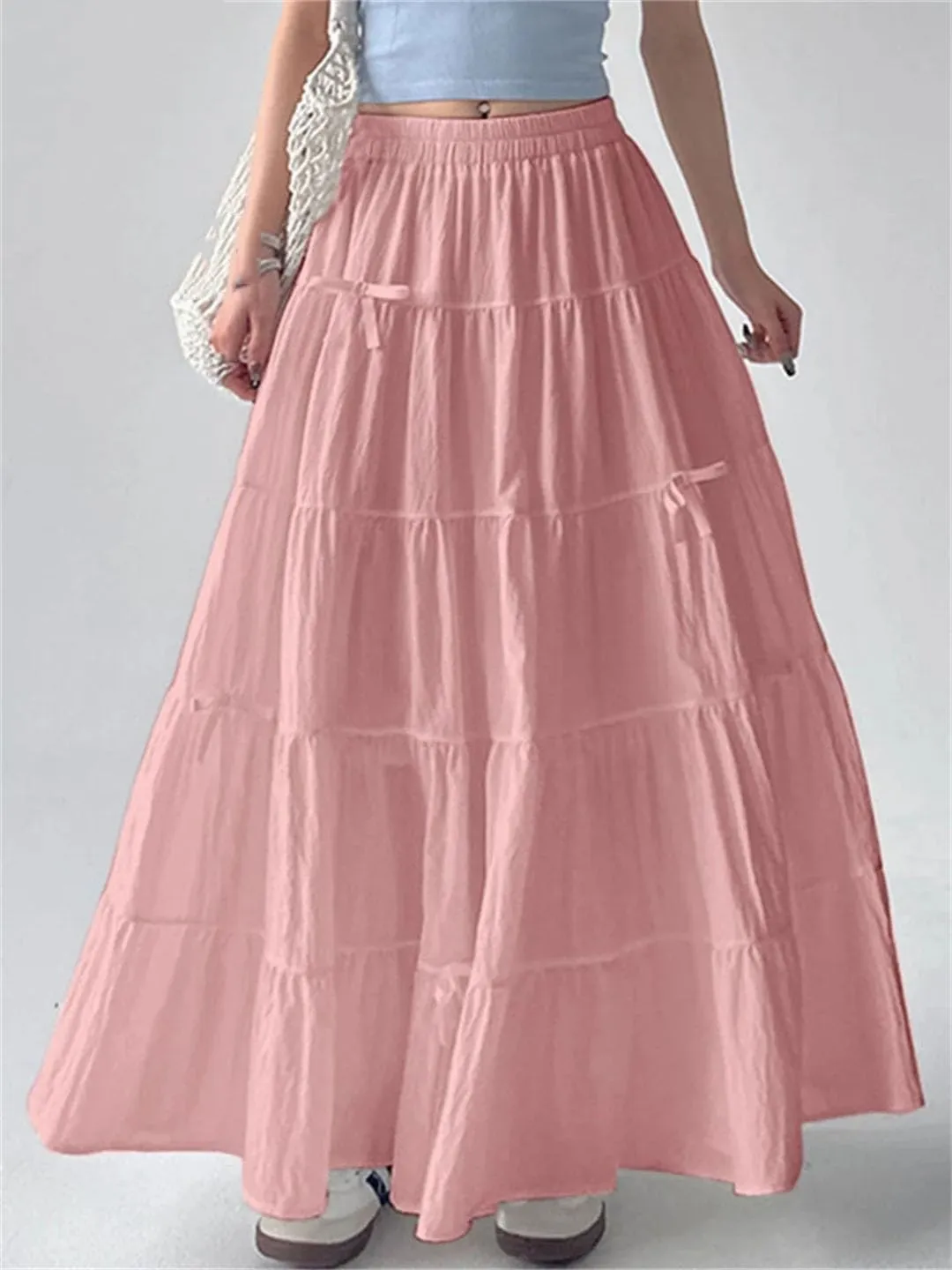Women Solid Tiered Elastic Waist Bow Loose Casual A-Line Skirts