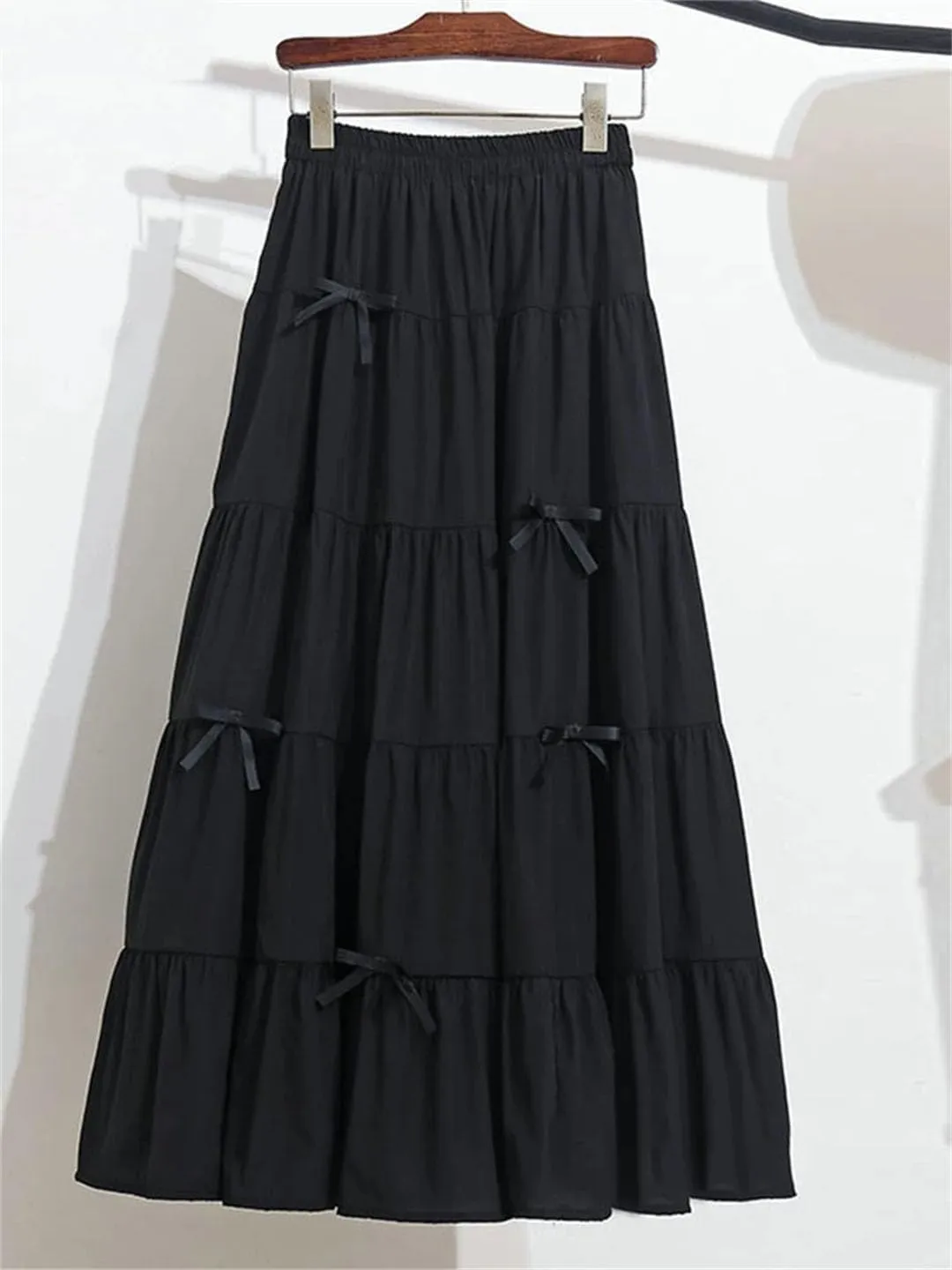 Women Solid Tiered Elastic Waist Bow Loose Casual A-Line Skirts