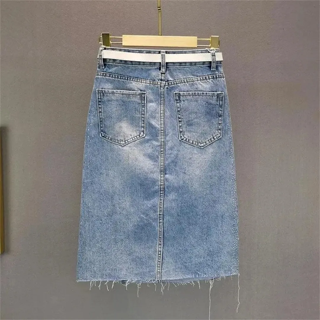 Women Split Vintage Casual High Waist Slim Wrap Hip Denim Skirt