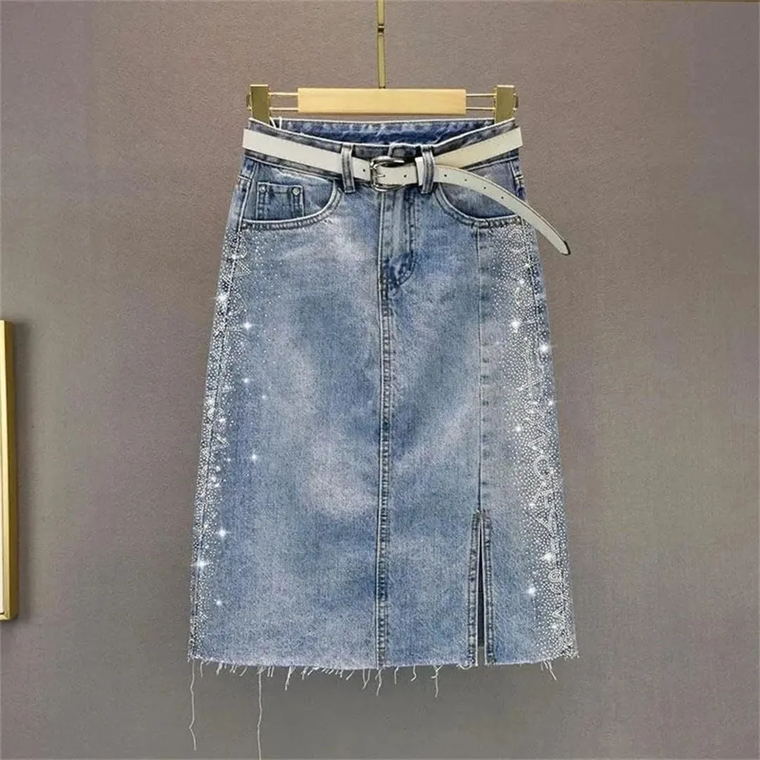 Women Split Vintage Casual High Waist Slim Wrap Hip Denim Skirt