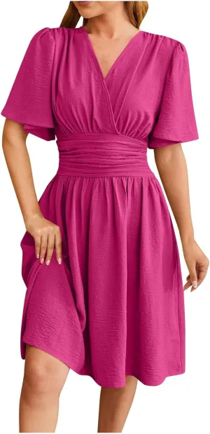 Women Spring Summer Dresses Cinched Flared Sleeve Fashion Outfits V Neck Elegant Knee Length Ladies Dresses