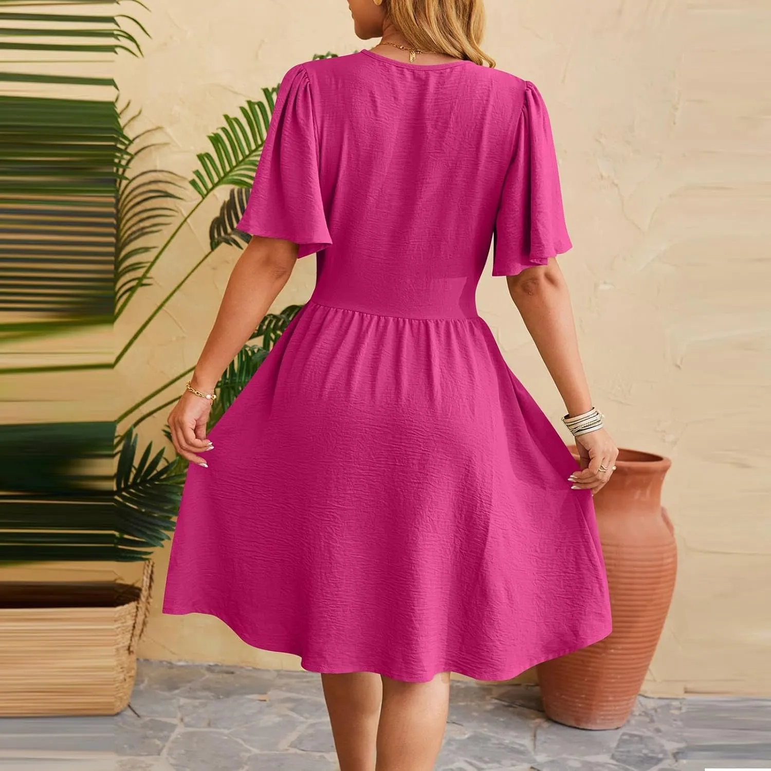 Women Spring Summer Dresses Cinched Flared Sleeve Fashion Outfits V Neck Elegant Knee Length Ladies Dresses