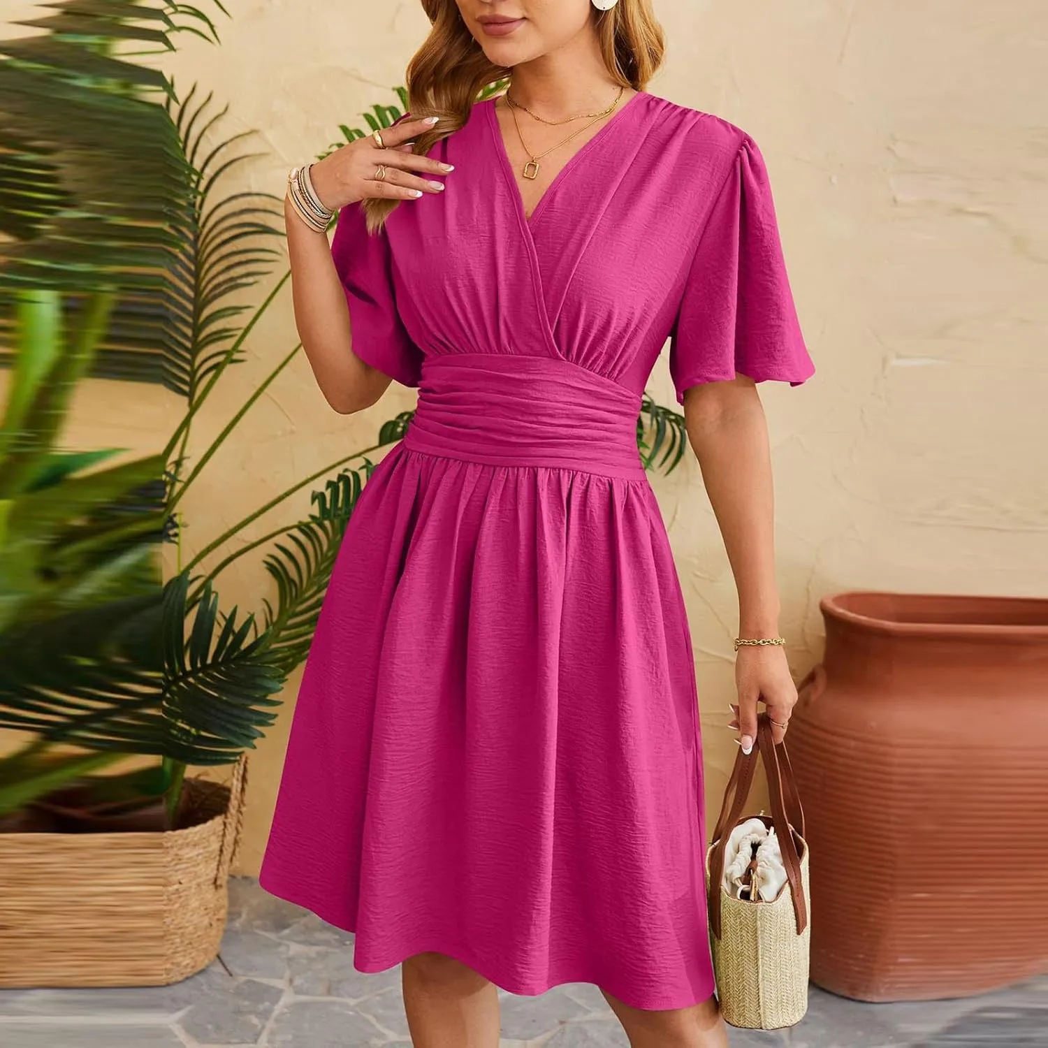 Women Spring Summer Dresses Cinched Flared Sleeve Fashion Outfits V Neck Elegant Knee Length Ladies Dresses