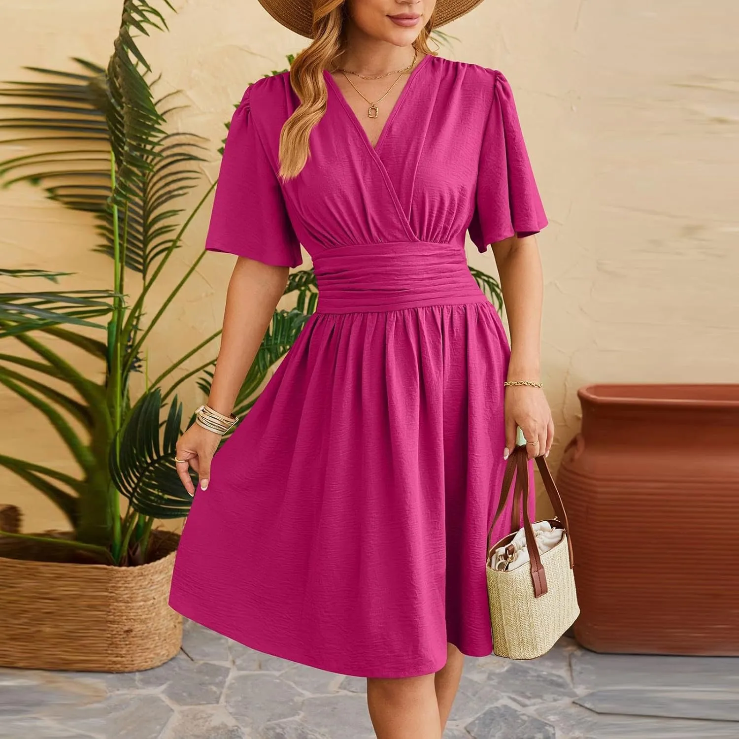 Women Spring Summer Dresses Cinched Flared Sleeve Fashion Outfits V Neck Elegant Knee Length Ladies Dresses