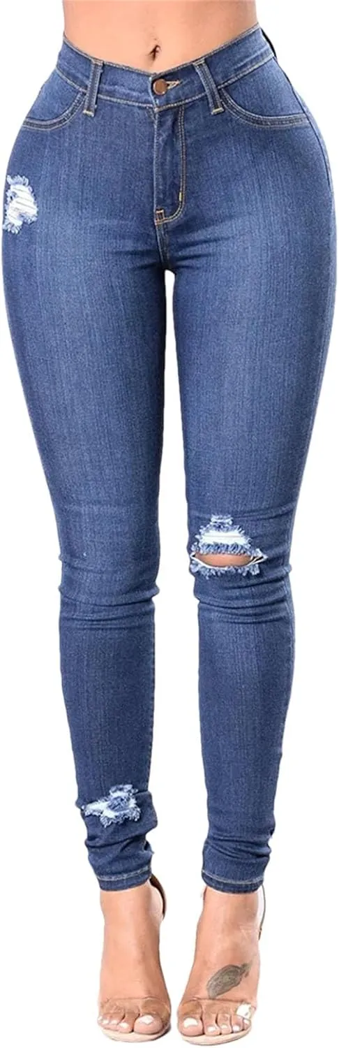 Women Stretch Skinny Ripped Jeans High Waist Pencil Pant Narrow Straight Leg Wrap HIPS Plus Size Trousers