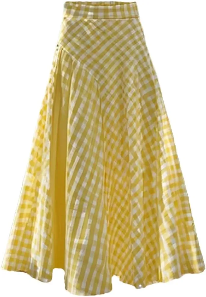 Women Summer Elegant A-Line Plaid Printed High Elastic Waist Midi Lub Skirt