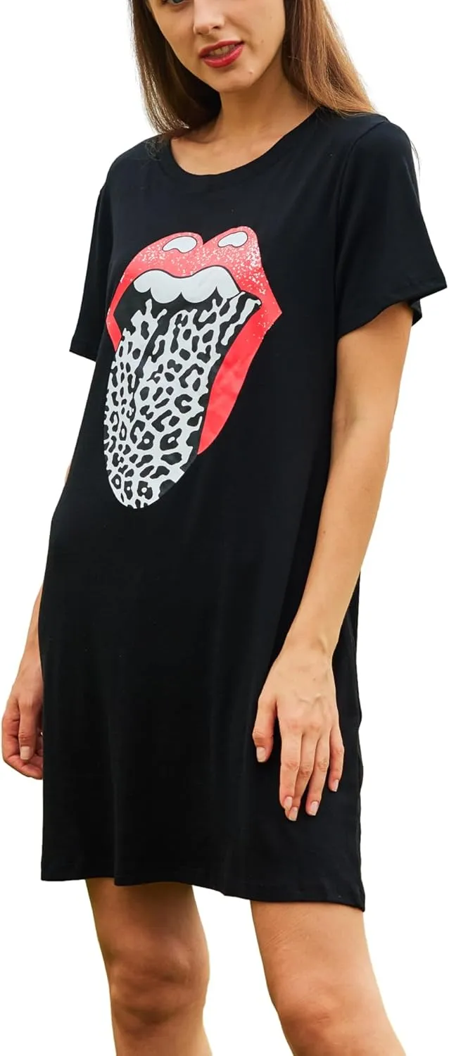 Women Summer Red Lips Graphic Tee Shirt Dresses Leopard Tongue O-Neck Short Sleeve Long Tunic Top Dresss