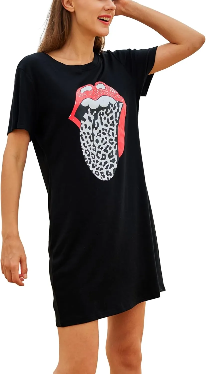Women Summer Red Lips Graphic Tee Shirt Dresses Leopard Tongue O-Neck Short Sleeve Long Tunic Top Dresss