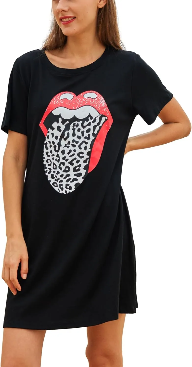 Women Summer Red Lips Graphic Tee Shirt Dresses Leopard Tongue O-Neck Short Sleeve Long Tunic Top Dresss
