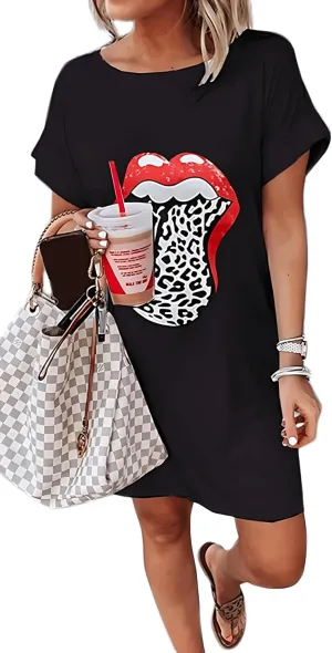 Women Summer Red Lips Graphic Tee Shirt Dresses Leopard Tongue O-Neck Short Sleeve Long Tunic Top Dresss