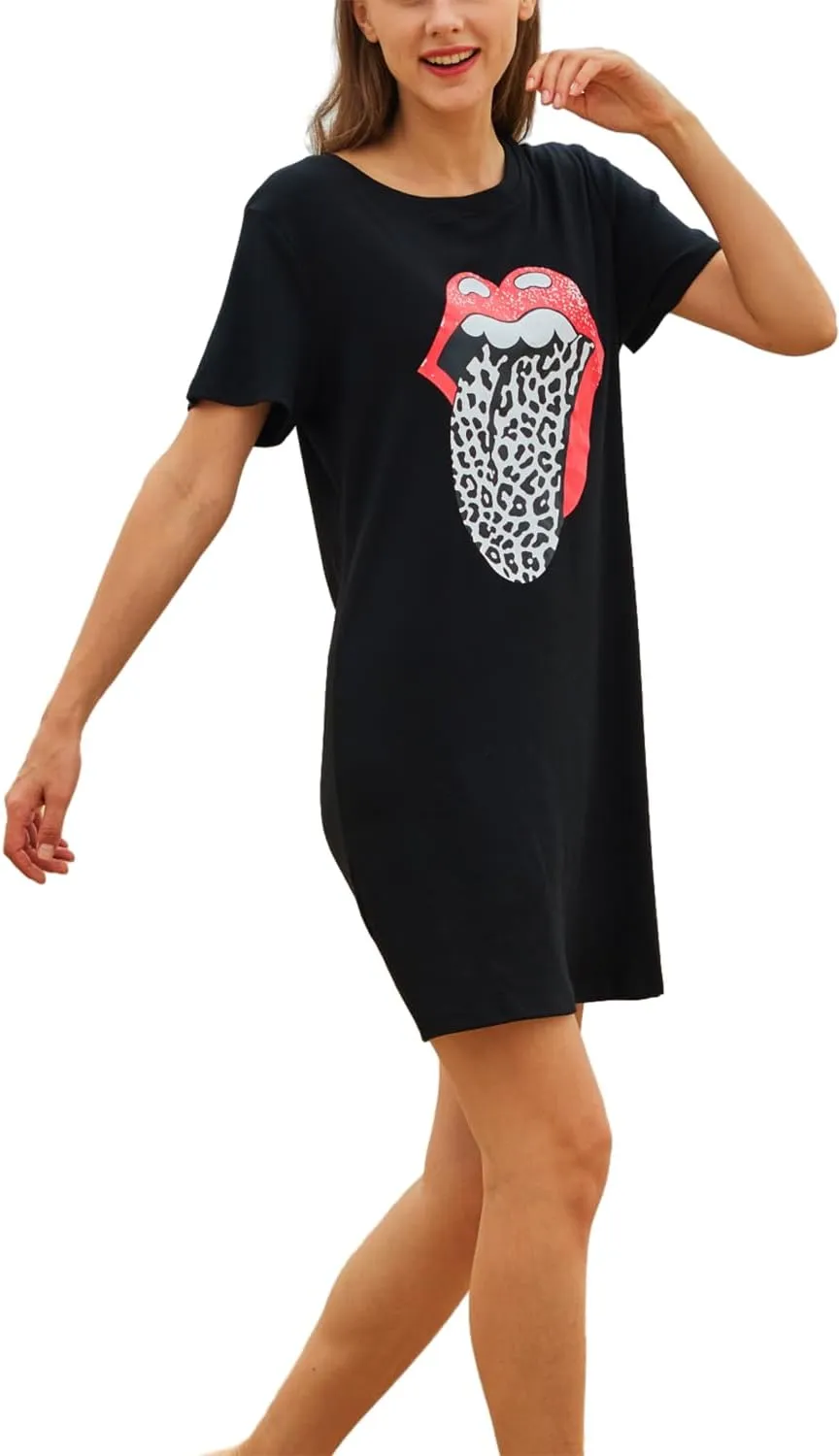 Women Summer Red Lips Graphic Tee Shirt Dresses Leopard Tongue O-Neck Short Sleeve Long Tunic Top Dresss