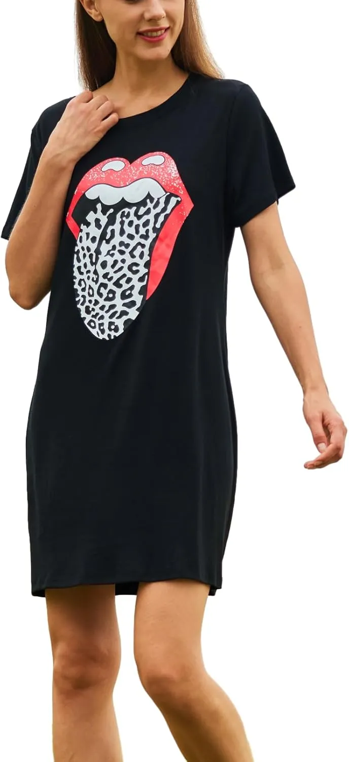 Women Summer Red Lips Graphic Tee Shirt Dresses Leopard Tongue O-Neck Short Sleeve Long Tunic Top Dresss