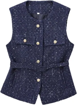 Women Tweed Elegant O Neck Button Waist Slim Sleeveless Jacket Vintage Chic Tops Vest