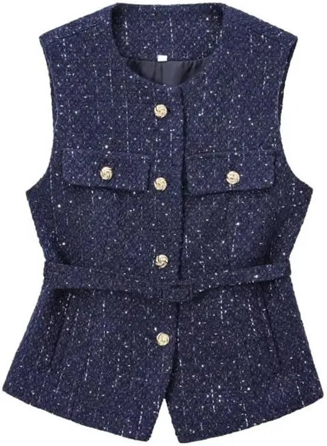 Women Tweed Elegant O Neck Button Waist Slim Sleeveless Jacket Vintage Chic Tops Vest