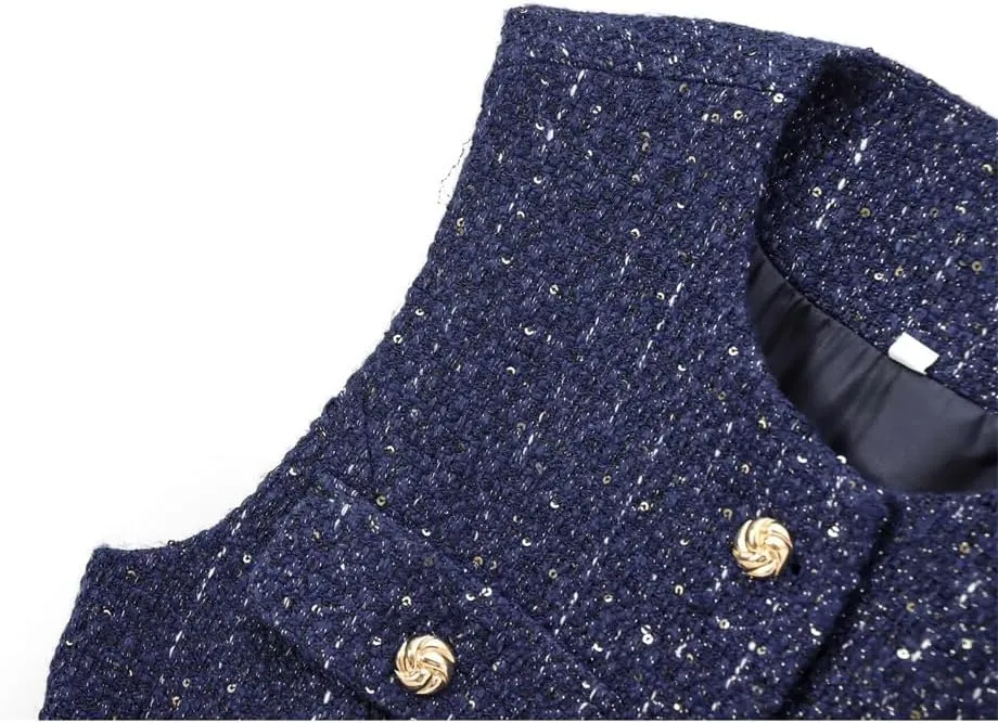 Women Tweed Elegant O Neck Button Waist Slim Sleeveless Jacket Vintage Chic Tops Vest
