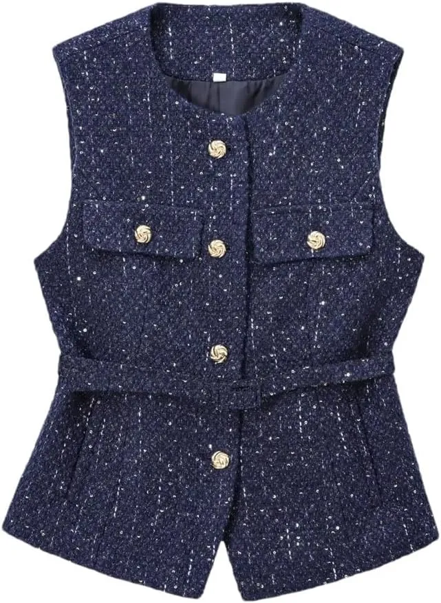 Women Tweed Elegant O Neck Button Waist Slim Sleeveless Jacket Vintage Chic Tops Vest