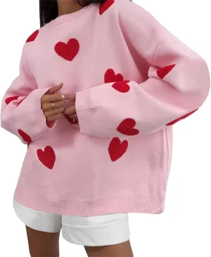 Women Valentines Day Turtleneck Sweaters for Teen Girls Heart Print Oversized Long Sleeve Knit Pullovers Tops(Pink Heart,S)