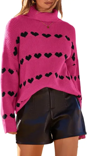 Women Valentines Day Turtleneck Sweaters for Teen Girls Heart Print Oversized Long Sleeve Knit Pullovers Tops(Rosy Red,M)