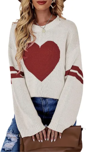 Women Valentines Day Turtleneck Sweaters for Teen Girls Heart Print Oversized Long Sleeve Knit Pullovers Tops(White Apricot,S)