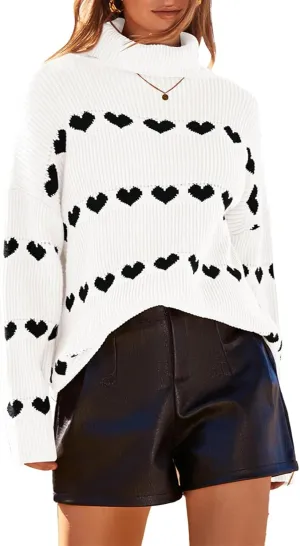 Women Valentines Day Turtleneck Sweaters for Teen Girls Heart Print Oversized Long Sleeve Knit Pullovers Tops(White,M)