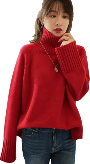 Women Winter Thickened Cashmere Sweater Loose Turtleneck Oversized Solid Knit Bottom Jumper Top