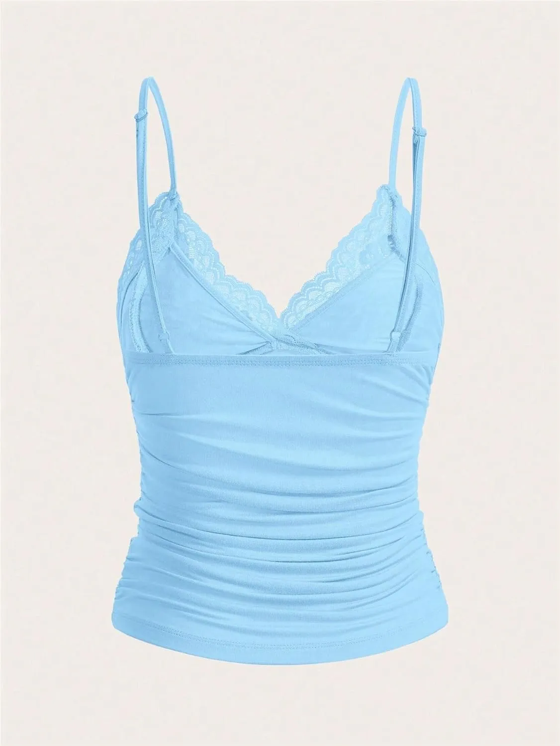 Women Y2k Lace Trim Cami Top Spaghetti Strap Fairy Grunge Tank Top V Neck Ruched Bow Lace Patchwork Cami Shirt