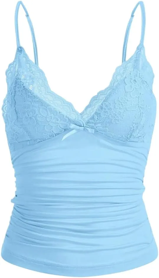 Women Y2k Lace Trim Cami Top Spaghetti Strap Fairy Grunge Tank Top V Neck Ruched Bow Lace Patchwork Cami Shirt
