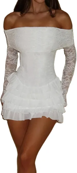 Women Y2K Off Shoulder Lace Mini Dress Coquette Lace Floral Bodycon Tiered Mini Dress Sexy Party Club Short Dres