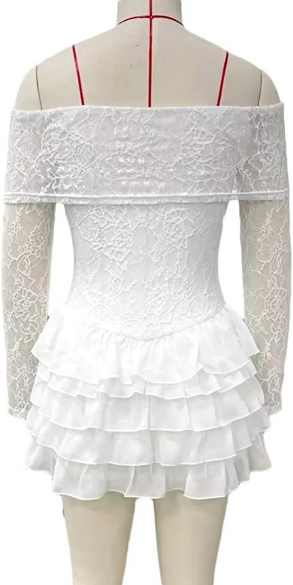 Women Y2K Off Shoulder Lace Mini Dress Coquette Lace Floral Bodycon Tiered Mini Dress Sexy Party Club Short Dres