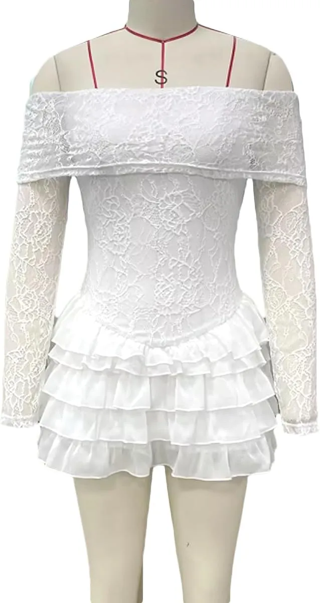Women Y2K Off Shoulder Lace Mini Dress Coquette Lace Floral Bodycon Tiered Mini Dress Sexy Party Club Short Dres