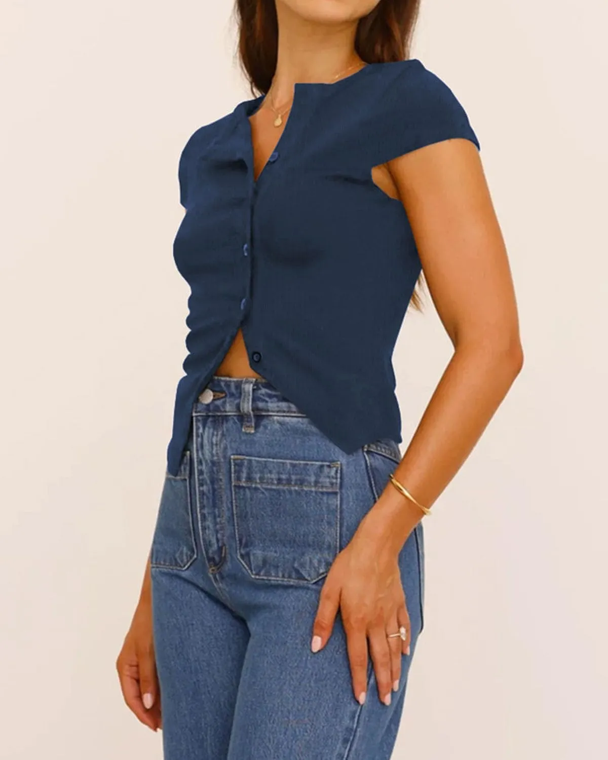 Women Y2K Short Cap Sleeve Button Down Ribbed Crop Shirt Trendy V Neck Casual Slim Fit Asymmetrical Split Hem Tee