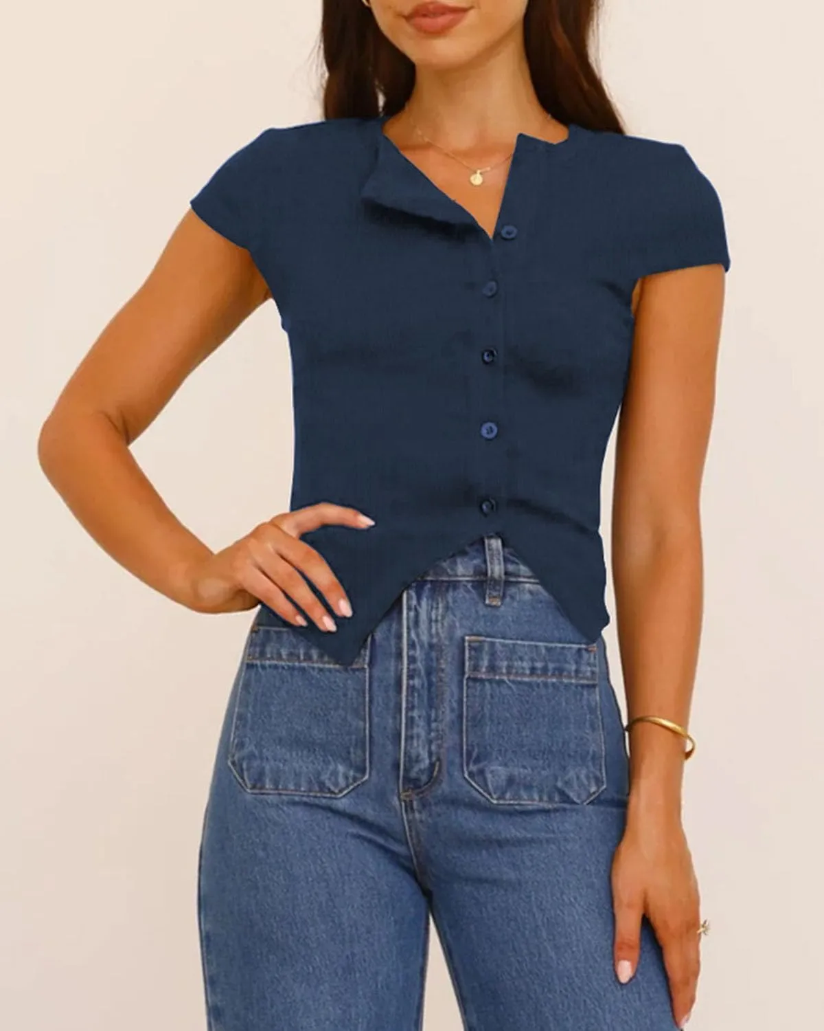 Women Y2K Short Cap Sleeve Button Down Ribbed Crop Shirt Trendy V Neck Casual Slim Fit Asymmetrical Split Hem Tee