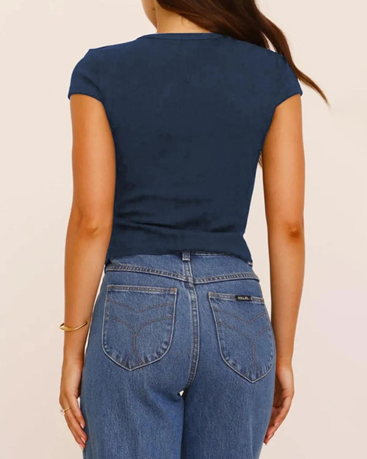 Women Y2K Short Cap Sleeve Button Down Ribbed Crop Shirt Trendy V Neck Casual Slim Fit Asymmetrical Split Hem Tee