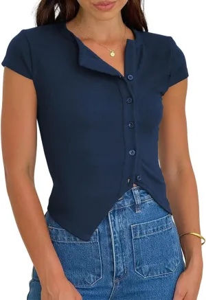 Women Y2K Short Cap Sleeve Button Down Ribbed Crop Shirt Trendy V Neck Casual Slim Fit Asymmetrical Split Hem Tee
