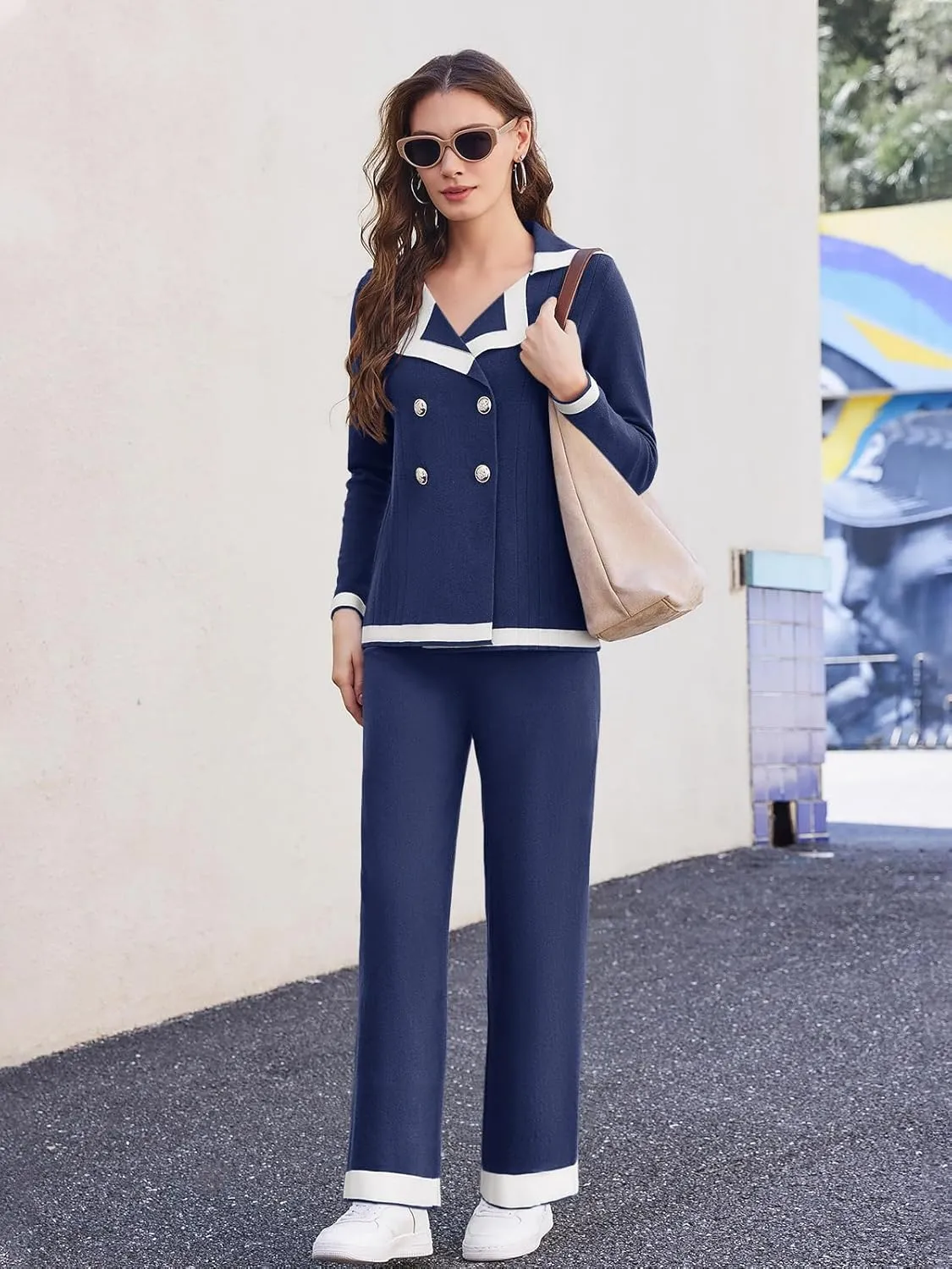 Women's 2 Piece Outfits Set Long Sleeve Notch Lapel Knit Sweater Top Wide Leg Lounge Pants Business Casual Cardigan Sets