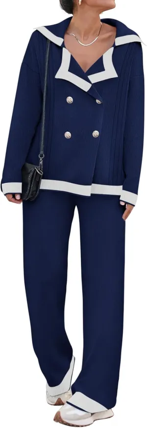 Women's 2 Piece Outfits Set Long Sleeve Notch Lapel Knit Sweater Top Wide Leg Lounge Pants Business Casual Cardigan Sets