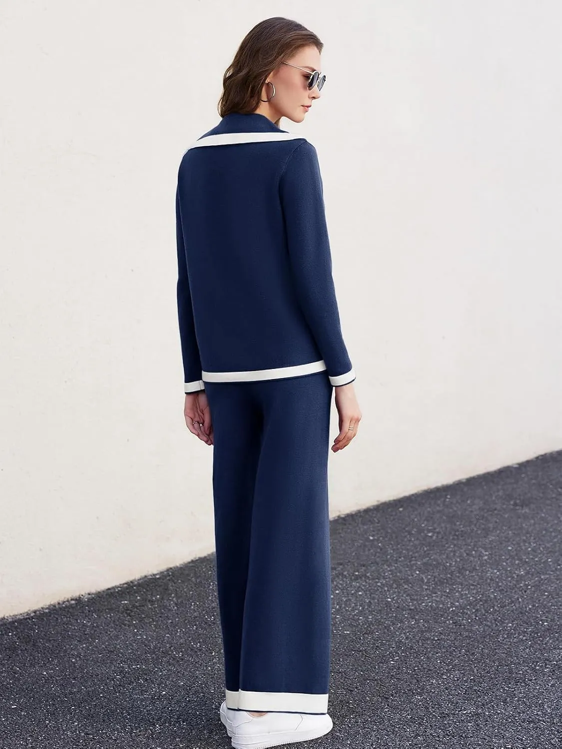 Women's 2 Piece Outfits Set Long Sleeve Notch Lapel Knit Sweater Top Wide Leg Lounge Pants Business Casual Cardigan Sets