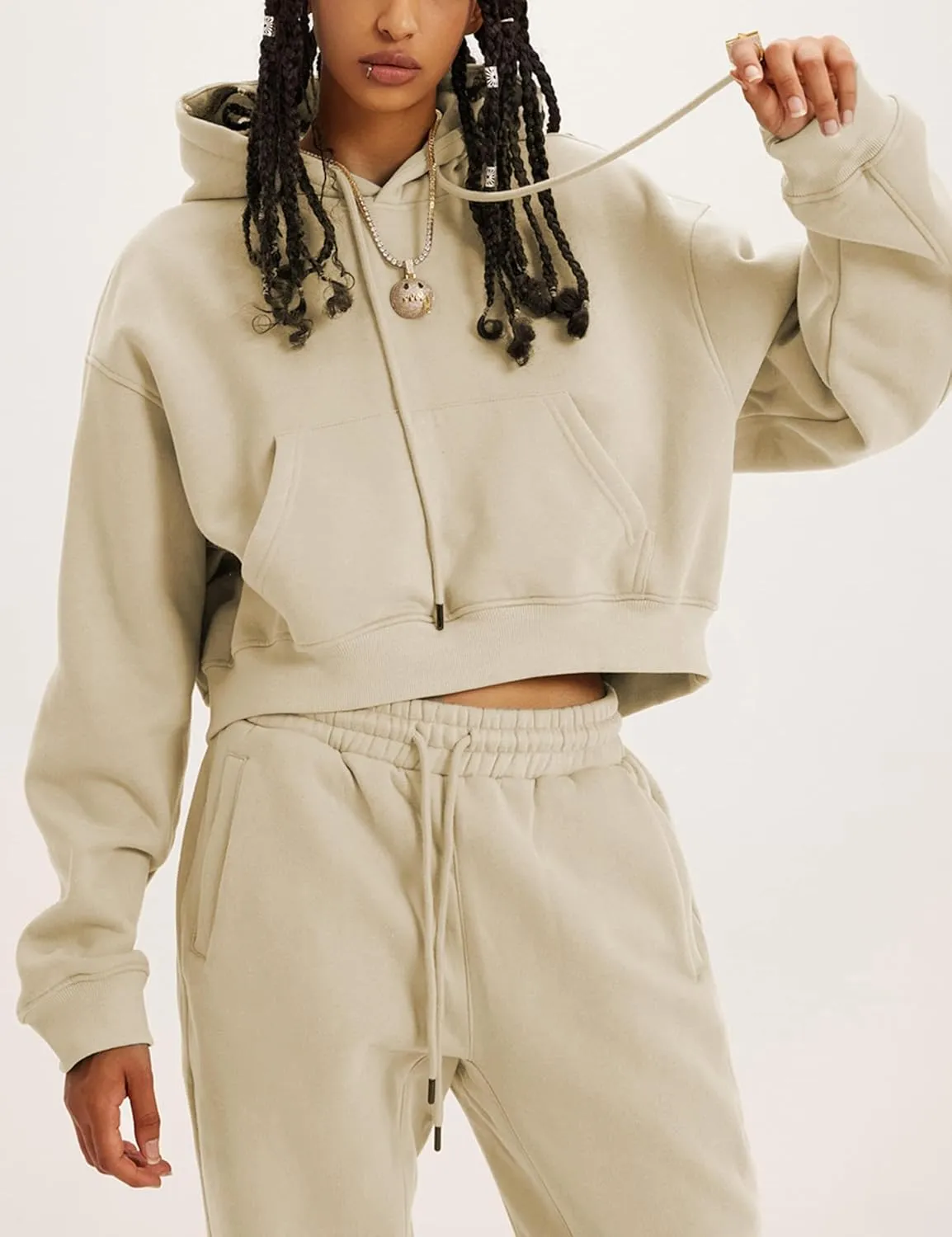 Women's 2pc Airport Outfits Casual Hoodie Fleece Tracksuit Sweatshirt Pullover Jogging Pants Pockets