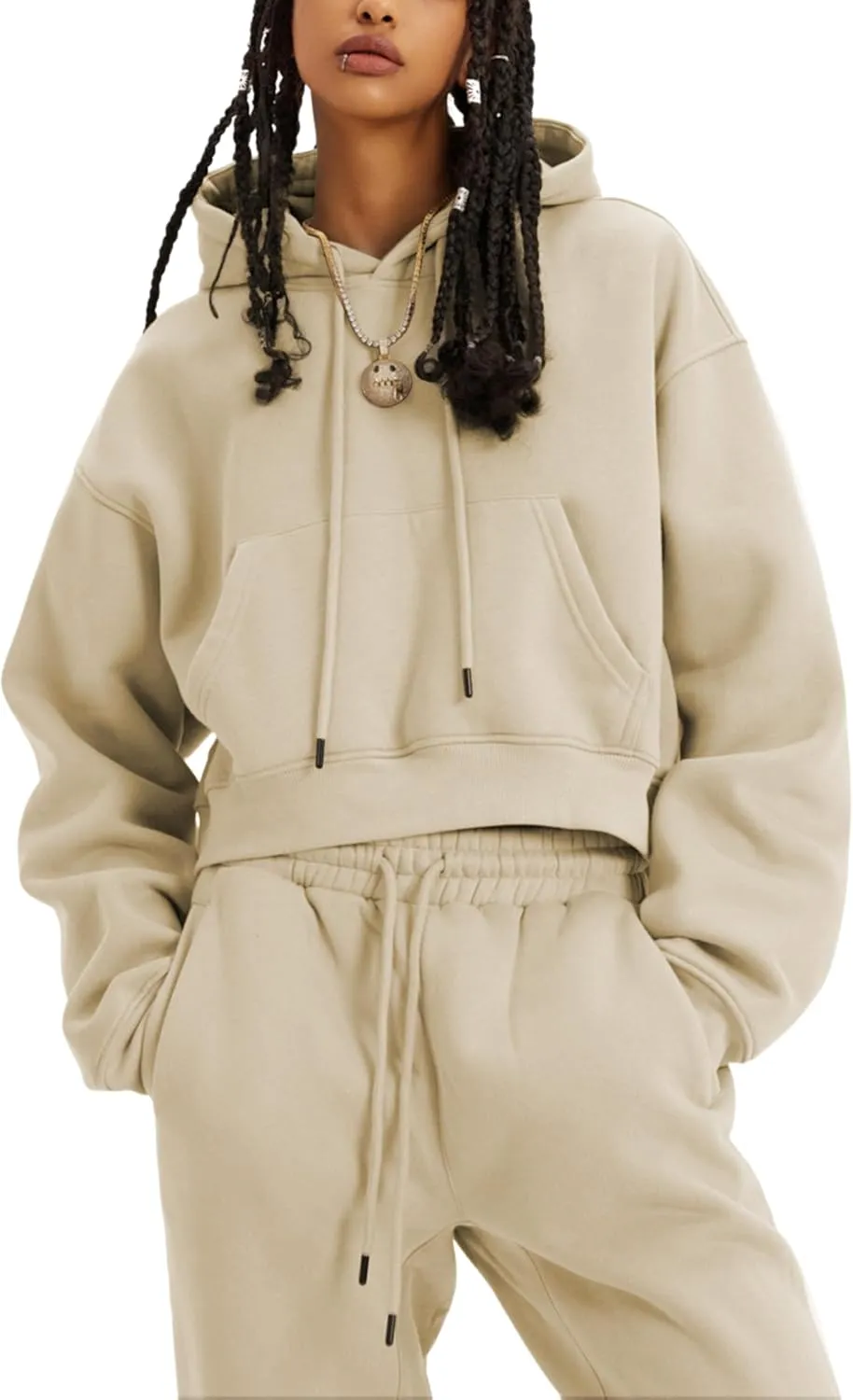 Women's 2pc Airport Outfits Casual Hoodie Fleece Tracksuit Sweatshirt Pullover Jogging Pants Pockets