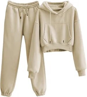 Women's 2pc Airport Outfits Casual Hoodie Fleece Tracksuit Sweatshirt Pullover Jogging Pants Pockets