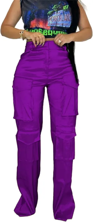 Women's Baggy Cargo Satin Pants Y2K High Waisted Wide Leg Casual Pants Straight Streetwear Trousers with Multi Pockets